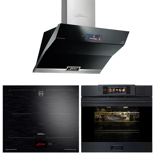 La Perle Noire Steam Oven, 59cm Induction Hob & Cooker Hood Bundle (Black Moire)