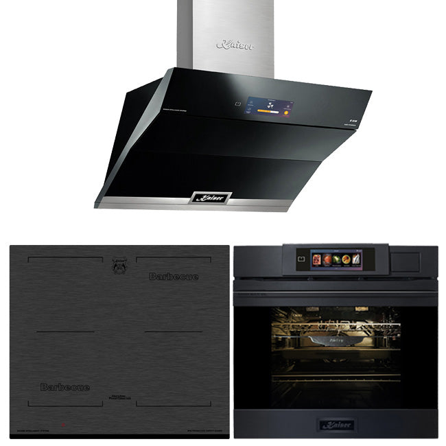 La Perle Noire Steam Oven, 59cm Induction Hob & Cooker Hood Bundle (Black Moire)