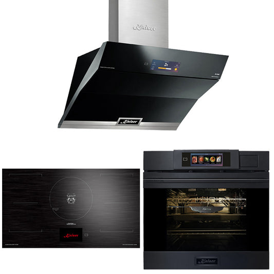 La Perle Noire Steam Oven, 90cm Induction Hob & Cooker Hood Bundle (Black Moire)
